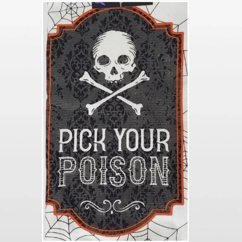 2 New Haunted House Kitchen Towels Halloween Gray & White Poison Potions Set NWT